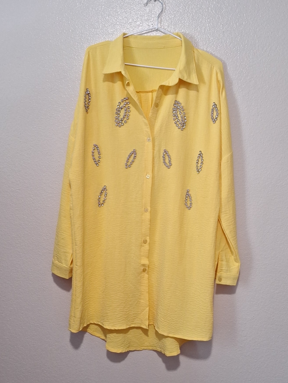 All Eyes On Me Oversized Yellow Embellished Women's Button-Up Shirt Dress, Large